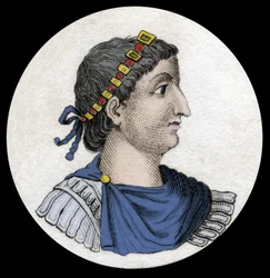 Portrét Theodosia I. (Flavius Theodosius) (347-395), římského císaře, rytina z 19. století
