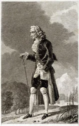 Portrét Voltaira (1694 - 1778), francouzského spisovatele a filozofa, staršího věku.