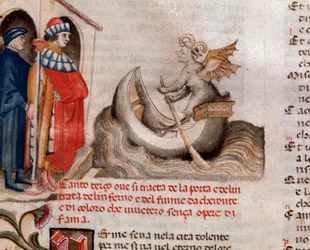 Portrét italského básníka Dante Alighieriho, jak se dívá na Charona jeho člun překračující Acheron s dušemi (píseň 3 z pekla, v Božské komedii) - miniatura 15. století