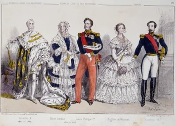 Portrét Bourbonů. Zleva doprava: Karel X. (1757-1836), Marie Amélie (1782-1866), Ludvík Filip I. (1773-1850), Eugenie de Guzman (1826-1920) a Napoleon III. (1808-1873).