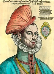 Portrét francouzského krále Jindřicha III. (1551 - 1589). rytina 16. století.