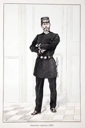 vrchní inspektor (1894). Eau forte en couleurs, pour ilustraci “” Histoire du corps des gardiens de la paix””” kniha vydaná pod záštitou Louis Lepine (1846-1933) prefet de police de la Seine, Alfred Rey (1864-?) a Louis Feron (1862-?)
