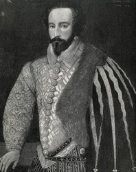 Raleigh, Sir Walter (1554-1618). Anglický mořeplavec, objevitel a makléř. Portrét sira Waltera Raleigha. Rytina z roku 1891, provedená podle anonymního originálu, který je uložen v londýnské Národní portrétní galerii. Rytina.