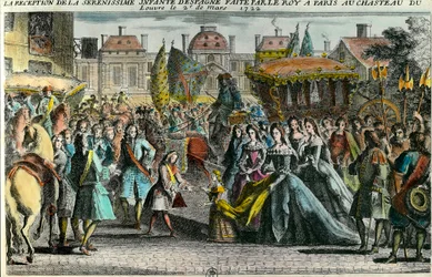 Přijetí nemluvně Španělska Marie Anne Victoire (1718-1781) králem Ludvíkem XV. v Paříži v Louvru dne 2. března 1722. Mariana Victoria de Borbon byla zasnoubena ve věku 3 let s Ludvíkem XV. ve věku 11 let. 18. století. Soukromá sbírka