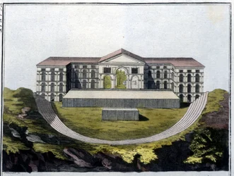 Rekonstrukce řeckého divadla Bachus v Aténách. - v ""Le Kostým ancien et moderne""" od Ferrario, ed. Milán