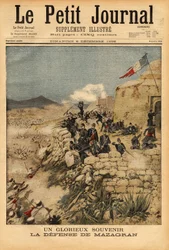 Vzpomínka na obranu Mazagranu, bitva od 3. do 6. února 1840, proti armádě více než 10 000 mužů vedenou Abd el Kaderem, zvítězil francouzský prapor kapitána Lelievra. Rytina v „“ Le petit journal“ 6/12/1896. Selva sbírka.