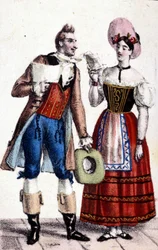 Reprezentace Dulcamare a Aliny (v uvedeném pořadí Frezzolini a Heinefetter) v opeře „Nápoj lásky““ (Nápoj lásky) Gaetana Donizettiho. 1832.