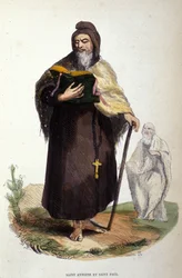 Představení svatého Antonína Velikého, egyptského anachoreta (251 - 356), zakladatele křesťanského poustevnictví a svatého Pavla z Théb (předcházel by svatého Antonína v Thebaide). Rytina 19. století.
