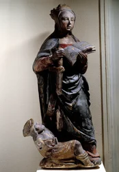 Zastoupení svaté Kateřiny Sienské. Polychromovaná vápencová socha. 15. století. Compiegne, muzeum Vivenel