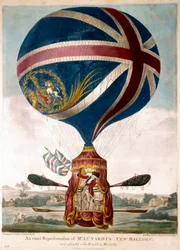 Reprezentace nového balónu od Vincenza Lunardiho dne 13.5.1785, jako první přeletěl Anglii v roce 1783. Plátno aerostatu je ozdobou Union Jack. Rytina kolem roku 1785. Soukromá sbírka