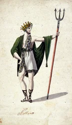 Znázornění římského boha Neptuna držícího trojzubec (identifikuje řeckého Poseidona). Akvarel z 18. století.