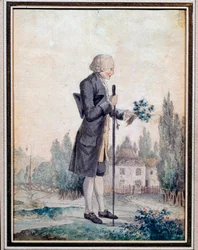 Zastoupení filozofa Jeana Jacquese Rousseaua (1712-1778) trhajícího květiny v Ermenonville. Akvarel z 18. století. Paříž, Musee Carnavalet