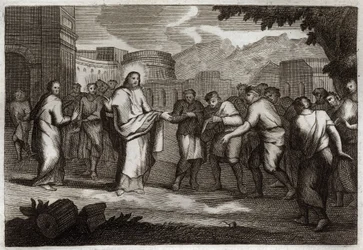 Royaumontská Bible, Nový zákon: Deset malomocných. Ježíš Kristus bojuje s deseti malomocnými. Ilustrace z roku 1811.