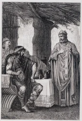 Saint Gregoire z Tours (538-594) stojící proti Chilpericovi I. (539-584) králi Neustrije.
