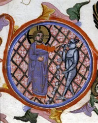 Scéna exorcismu. Miniatura ze 14. století. Biblioteca Nazionale Braidense, Milán.