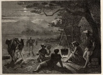 Scéna zbytku země, v měsíčním světle, rohože jsou vztyčeny na zemi po dni práce. Rytina k ilustraci plavby do Japonska v letech 1863-1864 od Aime Humberta, ministra Švýcarské konfederace, v „Le tour du monde, nouveau journal des