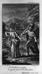 Scéna prvního jednání „“ Zenobia““ (Zenobie), opera skladatele Niccolo Vito Piccinni (nebo Piccini) (1728-1800) (1756) na libreto Pietra Metastasia (Metastase). Rytina z konce 18. století