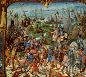 Sedmá křížová výprava (1248-1254). Louis IX (Saint Louis) (1215-1270), král Francie, s přechody poté, co byl poražen Saracény u Mansourah v roce 1250. Stáhli se za věže Damašku. Louis IX a jeho dva bratři jsou zajati