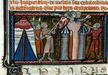 Obléhání hradu. Miniatura z rukopisu ze 13. století. Milán, Biblioteca Trivulziana.