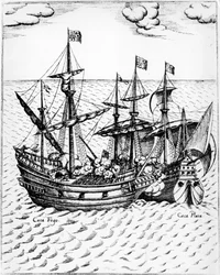 Sir Francis Drake „Golden Hind“ (1540-1596) zachycující španělskou loď „Nuestra Senora de Conception“, známou jako „Cacafuego“ v roce 1579 u Ekvádoru. Rytina 16. století.
