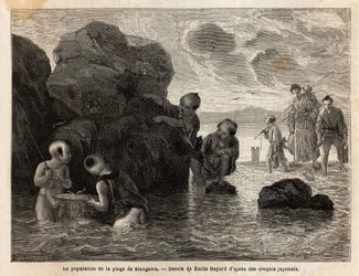 Malé rybářské aktivity na pláži v Sinagawa, děti se cákají ve vodě a chytají kraby a malé ryby. Rytina k ilustraci plavby do Japonska v letech 1863-1864 od Aime Humberta, ministra Švýcarské konfederace, v „“ Le tour du monde, nouveau j