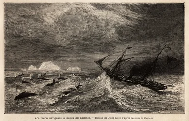 Arcturus, dánská loď plující mezi Kodaní a Islandem, na které se autor vydává do Reykjavíku, plující mezi velrybami. Rytina k ilustraci cesty na Island, příběh Noela Nougareta, v roce 1866, publikovaný v „“ Le tour du monde,