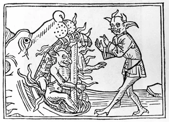 Proces Belial: „Beliální démon se vrací ke vchodu do podsvětí““ Rytina z „The Belial Proces“ od Jacobuse de Teramo (nebo Palladino), Ausburg