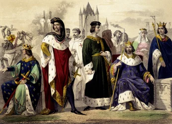 Kapetovci v letech 1270 až 1322. Filip III. Hardi, Filip IV. Bel, Ludvík X. Hutin, Filip V. Dlouhý, Karel IV. Rytina 19. století.