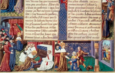 Křesťanské ctnosti (jako zbožnost a oddanost) krále Ludvíka IX. (1214-1270) (Svatý Ludvík): nalevo král objímá krucifix, napravo přijímá Starou horu. Miniatura z rukopisu „Kniha faktů Monsignore Saint Louis““ 15t