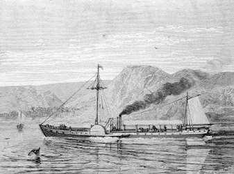 Clermont, loď postavená v roce 1807 Robertem Fultonem (1765 - 1815) k zajištění spojení New York - Albany na řece Hudson. Rytina 19. století.