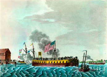 Parní fregata Fulton „Manévrování v přístavu New York ve Spojených státech““ Rytina kolem roku 1807 Soukromá sbírka