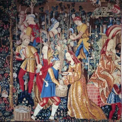 The Harvest Rolníci lisování hroznů. Detail. Vlněná a hedvábná tapisérie. Počátek 16. stol. Paříž, Národní muzeum středověku, Thermes de Cluny