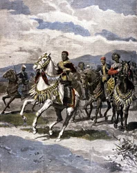 Etiopský král Menelik II (1844 - 1913). Nemocný. italského tisku.