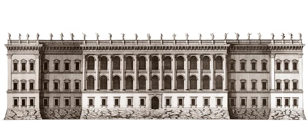 Louvre v Paříži, projekt Giana Lorenza Berniniho: pohled na hlavní průčelí směřující k Tuileries - Z „”Architecture francoise”” od Jacquese-Francoise Blondela - Pohled na hlavní průčelí cote jardin de Tuileries - projekt Bernin - rytina Je
