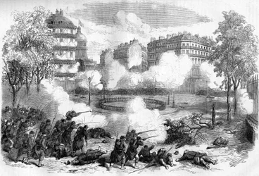 Pařížská komuna v roce 1871. Útok na barikády federací (komunardů) před Pantheonem armádním sborem generála de Cissey dne 24. května 1871, na začátku krvavého týdne (22. - 28. května 1871).