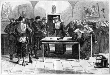 Pařížská komuna v roce 1871. Vyhledání federací (komunardů) v domě obývaném jeptiškami (Malé sestry chudých), který se nachází na Rue de Sevres. Federové poté, co objevili peníze od komunity jeptišek, vložili peníze zpět do krabice a vrátili