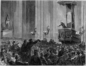 Pařížská komuna v roce 1871. Klub kostela sv. Eustatia. Církve byly večer požádány federacemi, aby pořádaly schůze a debaty. Tyto kluby měly trojí účel – vzdělání, informace a vyjádření.