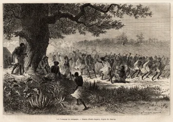 Vouagogové (kmen Tanzanie) v přípravě na válku pod stromečkem, autor příběhu Henry Morton Stanley (1841-1904). Rytina znázorňující cestu při hledání Livingstone ve střední Africe od Henryho Stanleyho, dopisovatele „New-Y“