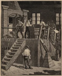 Umění skla: skláři vyrábějící sklo podle francouzské metody. Rytina z roku 1885 v „“Les arts et metiers illustres““ od Adolphe BITARDA.