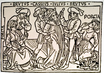 Atentát na Julia Caesara (100-44 př. n. l.): Brutus a Cassius jej bodají, zatímco Porcie, Brutova manželka, mizí. Dřevořez z 16. století, Řím, Biblioteca Vallicelliana © Luisa Ricciarini/Leemage