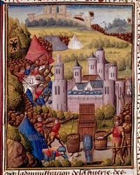 Útok na miniaturní město převzaté z „římské historie““ (Ad urbe condita) od Tite Live (59 př. n. l. – 17 n. l.) (Titus Livius), přeloženo Pierre Bressuire (ms. 310) 1450-1500 Chantilly, Musee Conde