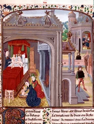 Narození Alexandra Velikého (356-323 př. n. l.), syna Olympias a Nectanebo II Miniatura převzatá z „“Historie Alexandra Velikého”” od QuinteCurce (Quintus Curtius Rufus) (1. století n. l.) Chantilly z 15. století, muzeum Conde