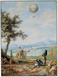 Blokáda Mohuče: 14. 4. 1793 je pevnost obklíčena armádou První koalice. Balón nad městem ve stavu obležení používaný pro vojenské účely. tisk z 18. století. Paříž. letecké muzeum