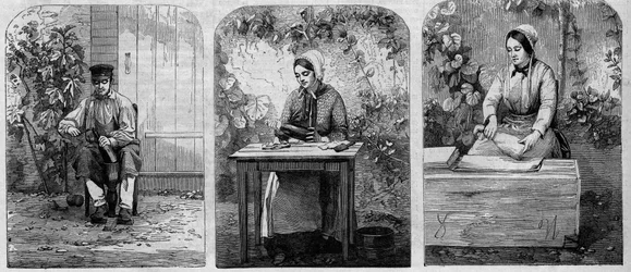 Stáčení šampaňského vína. Rytina z roku 1864.