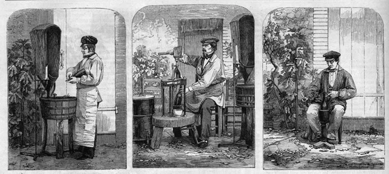Stáčení šampaňského vína. Rytina z roku 1864.