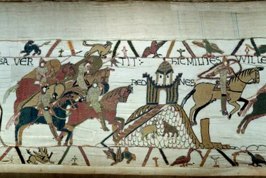 Dobytí Bretaně vévodou z Normandie Williamem Dobyvatelem (1027-1087): zachycení Rennes Detail tapisérie z Bayeux nebo výšivka královny Mathildy