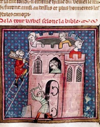 Stavba babylonské věže Detail iluminované stránky rukopisu „Bible Historiale“ od Guiarta Des Moulinse Městská knihovna Troyes ze 14. století