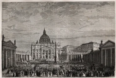 Dav spěchal na Svatopetrské náměstí ve Vatikánu, aby přijal velké požehnání Velikonoc od papeže Pia IX. (1792-1878). Rytina k ilustraci příběhu Svatého týdne v Římě v roce 1863 od Ludovica Cellera v „Le tour du monde, nouveau journal des voy