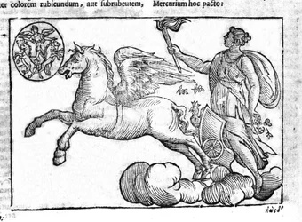 Svítání (voz slunce). Alegorie východu slunce s postavami řecké a římské mytologie na obloze. Rytina z „Mythologiae sive explicationes fabularum“ da Natalis Comitis. 1637.