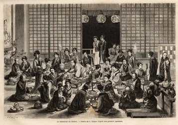 Jídelna jokohamského divadla je trvale zaplněna i během představení. Rytina k ilustraci cesty do Japonska od Aime Humberta, ministra Švýcarské konfederace, v letech 1863-1864, publikovaná v „“ le tour du monde““, pod dire